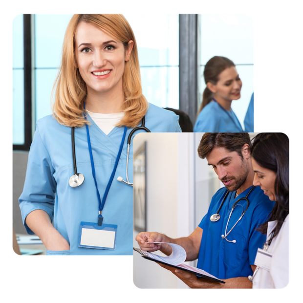 New Africa - stock.adobe.com + Rido - stock.adobe.com Ein Bild zeigt eine Medizinstudentin und ein Bild zeigt ein Team von Ärzten arbeitet gemeinsam an Patientenakten im Krankenhaus.