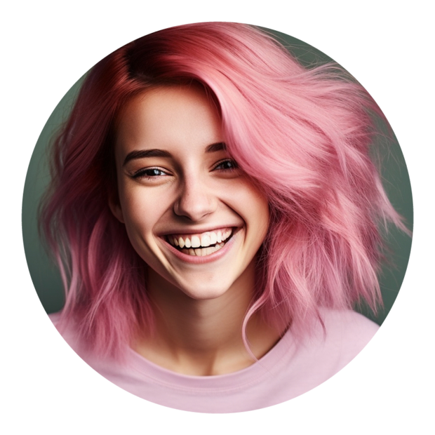 Ausbildung zur Anästhesietechnischen Assistenz (ATA) Junge lachende Frau mit pastellrosa Haaren, herausgestreckter Zunge, blauen Augen und einem lustigen Gesichtsausdruck.