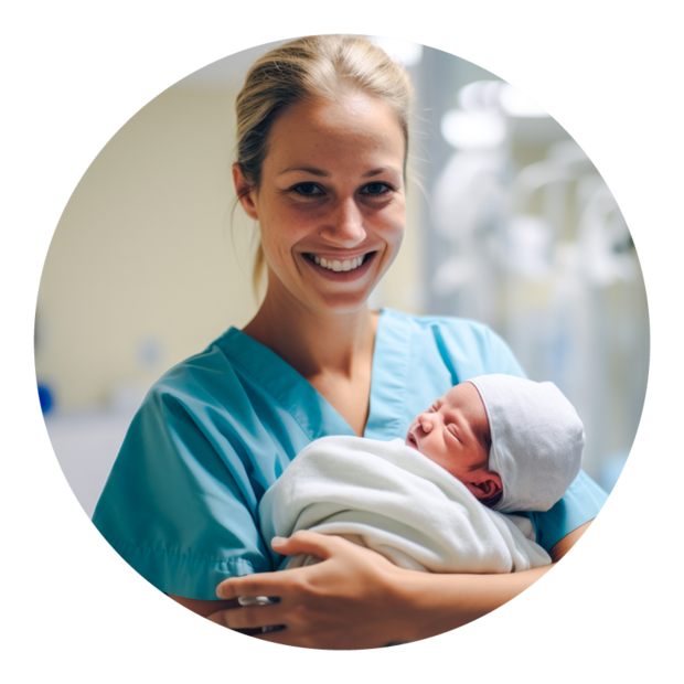 MVProductions - stock.adobe.com Krankenschwester, die ein Neugeborenes im Arm hält und dabei echte Gefühle der Fürsorge und Zuwendung für das Kind zeigt.