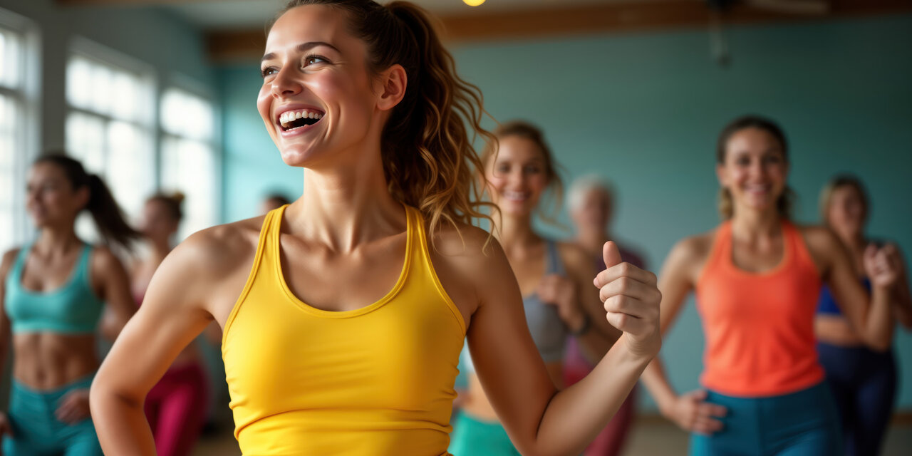 AdobeStock_1187544032 Gruppe von Frauen im Fitnesskurs. Aktiv tanzen, lächeln. Positive Stimmung im Fitnessstudio. Energiegeladenes, unterhaltsames, gesundes Training. Attraktive Frauen in Sportbekleidung.