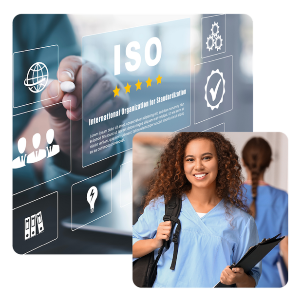 AdobeStock_619935558 und AdobeStock_756030074 Zeigt 2 Bilder Laptop zeigt ISO-Standards für Qualitätskontrolle, Qualitätssicherung und eine Studentin im Flur einer medizinischen Universität