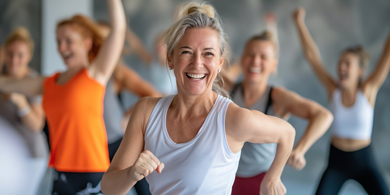 AdobeStock_788517424 Eine Gruppe von Frauen mittleren Alters, die sich beim Tanzunterricht in der Turnhalle vergnügen. Aktiver Lebensstil in den Wechseljahren